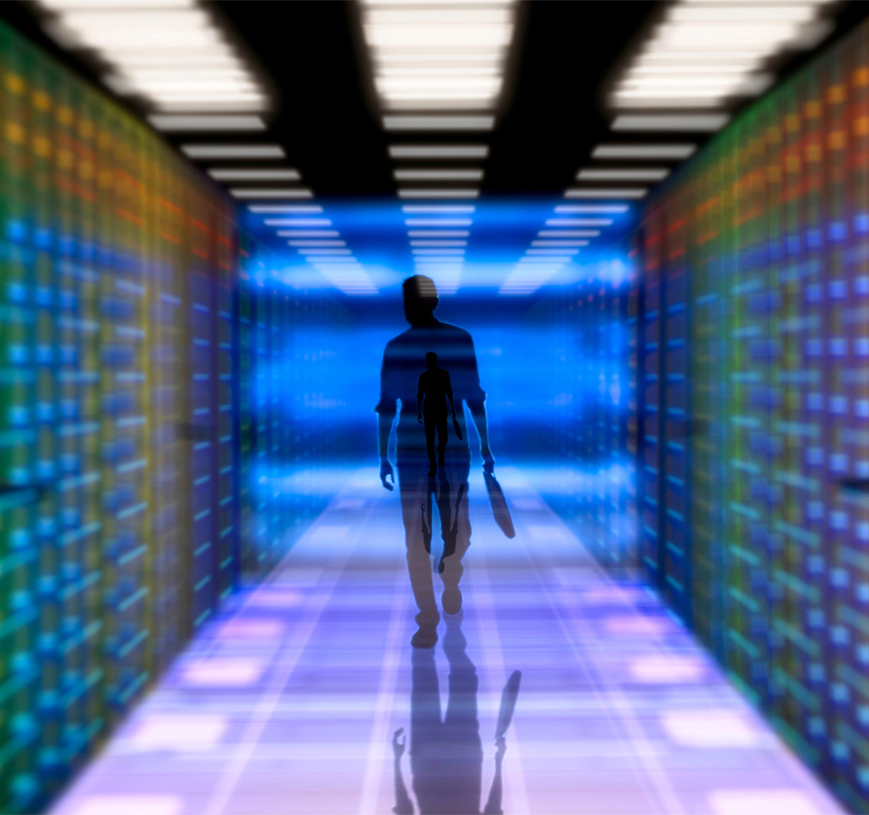Person walking down a hall with bright lights colors all around